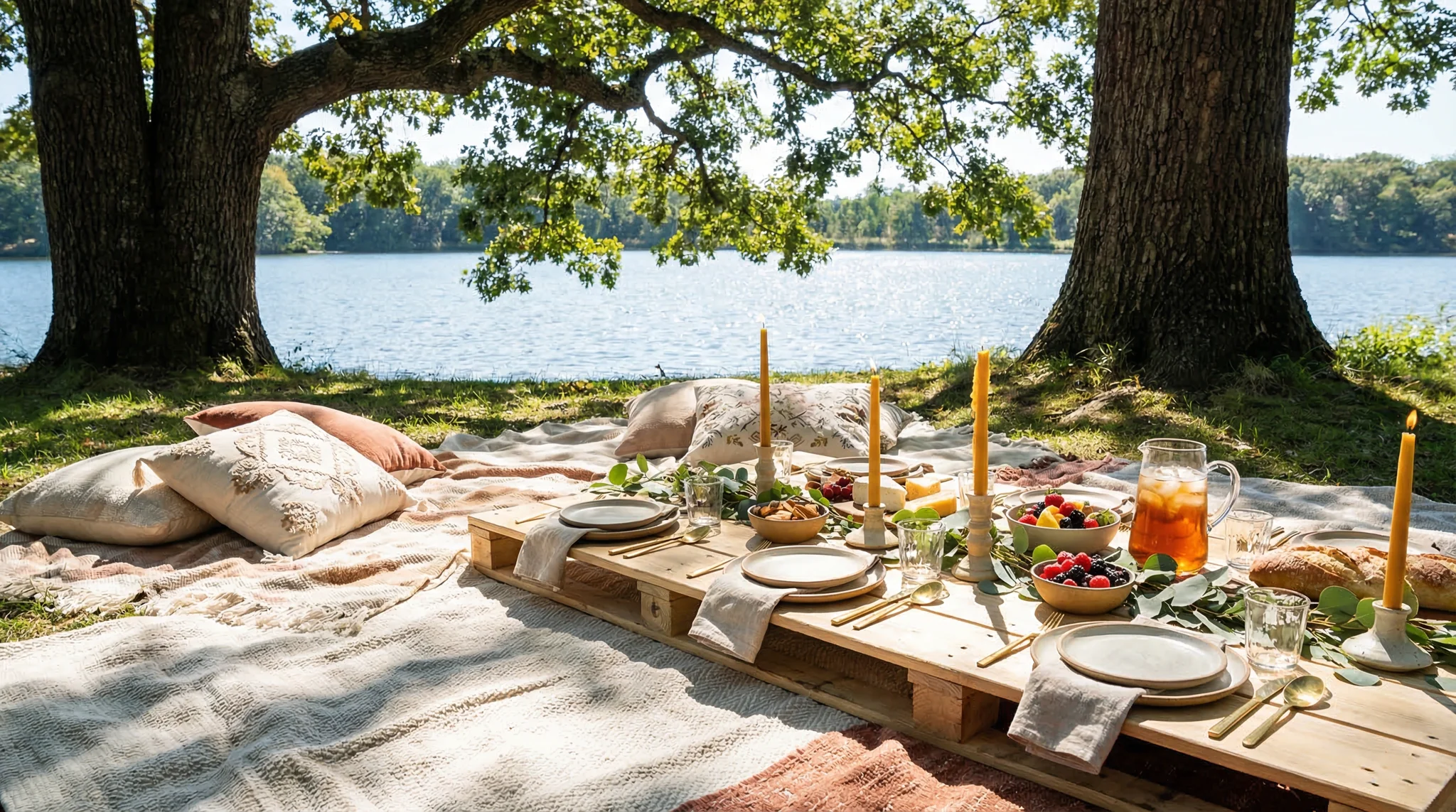 Brunch picnic by the lake